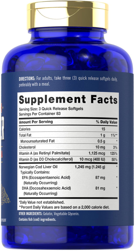 Carlyle Cápsulas Blandas de Aceite de Hígado de Bacalao 1245mg – 250 Unidades | Noruego, Sin OGM