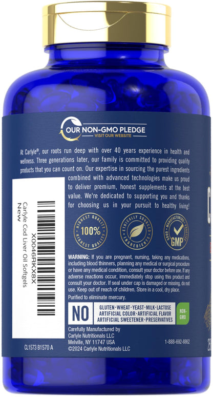 Carlyle Cápsulas Blandas de Aceite de Hígado de Bacalao 1245mg – 250 Unidades | Noruego, Sin OGM