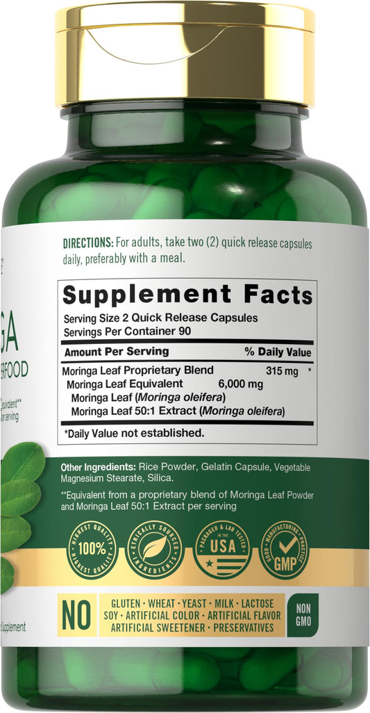 Cápsulas de moringa oleifera de Carlyle 6000 mg | Paquete de 2 de 180 unidades | Sin OMG