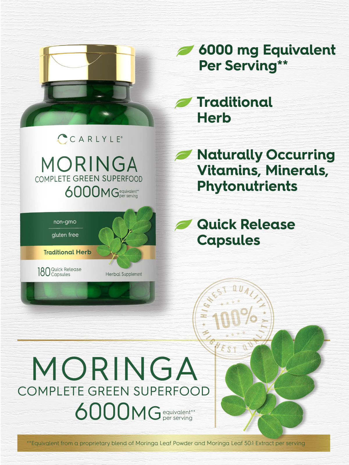 Cápsulas de moringa oleifera de Carlyle 6000 mg | Paquete de 2 de 180 unidades | Sin OMG