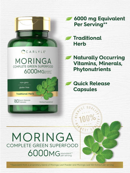 Cápsulas de moringa oleifera de Carlyle 6000 mg | Paquete de 2 de 180 unidades | Sin OMG