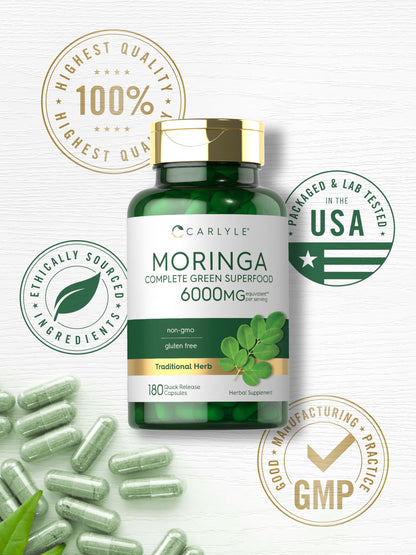 Cápsulas de moringa oleifera de Carlyle 6000 mg | Paquete de 2 de 180 unidades | Sin OMG