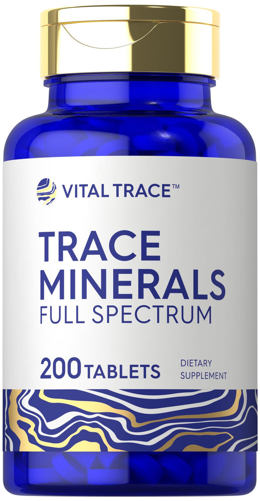 Vital Trace Trace Minerals Full Spectrum supplement bottle with blue and gold design.