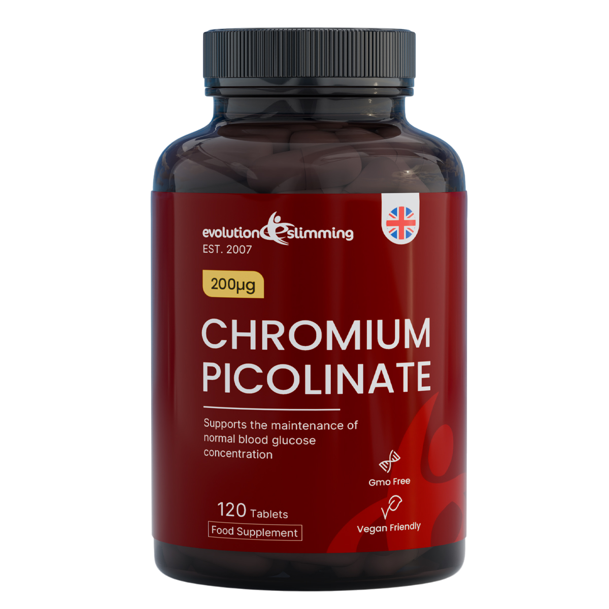 A dark amber bottle of Evolution Slimming Chromium Picolinate dietary supplement with a black ribbed cap and a deep red label, shown on a plain white background.