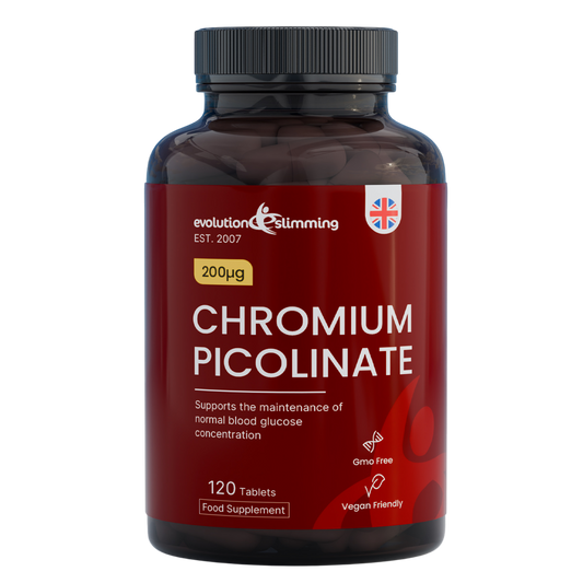 A dark amber bottle of Evolution Slimming Chromium Picolinate dietary supplement with a black ribbed cap and a deep red label, shown on a plain white background.