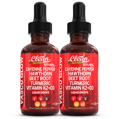 Two bottles of Clean Nutra VASCU GLOW liquid drops on a white background