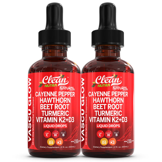 Two bottles of Clean Nutra VASCU GLOW liquid drops on a white background