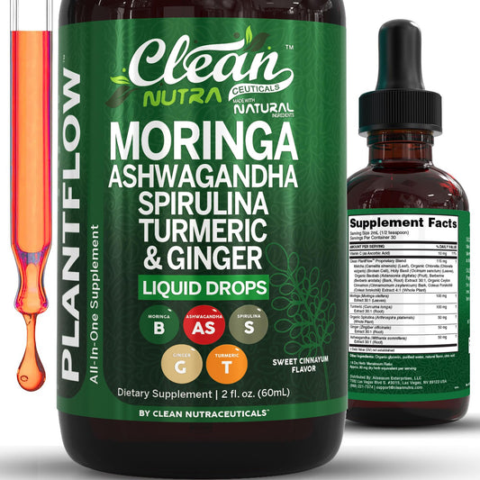 Clean Nutra PlantFlow Gotas Líquidas de Moringa con Ashwagandha y Espirulina