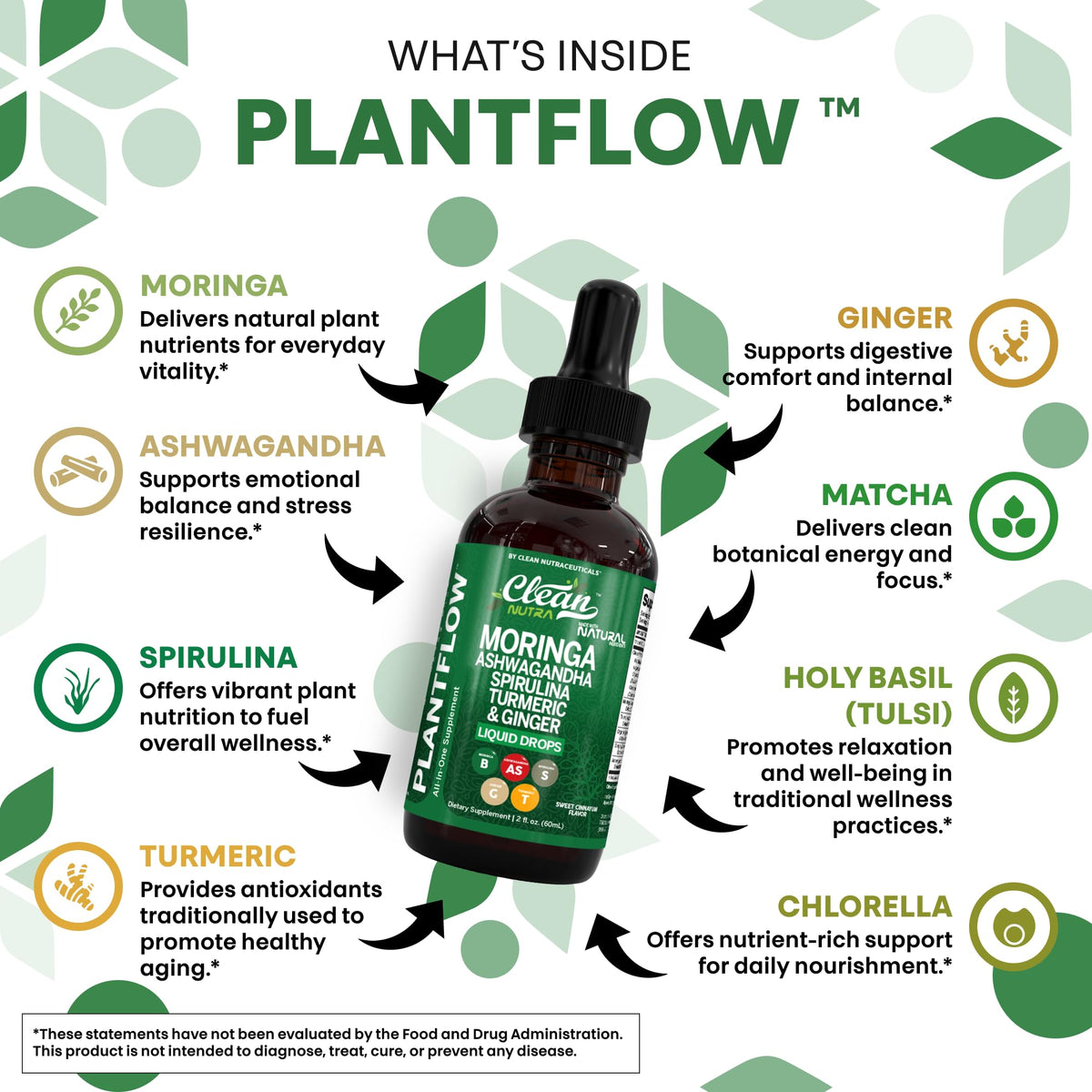 Clean Nutra PlantFlow Gotas Líquidas de Moringa con Ashwagandha y Espirulina