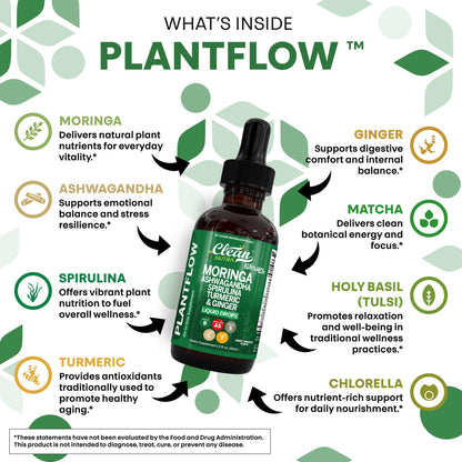 Clean Nutra PlantFlow Gotas Líquidas de Moringa con Ashwagandha y Espirulina