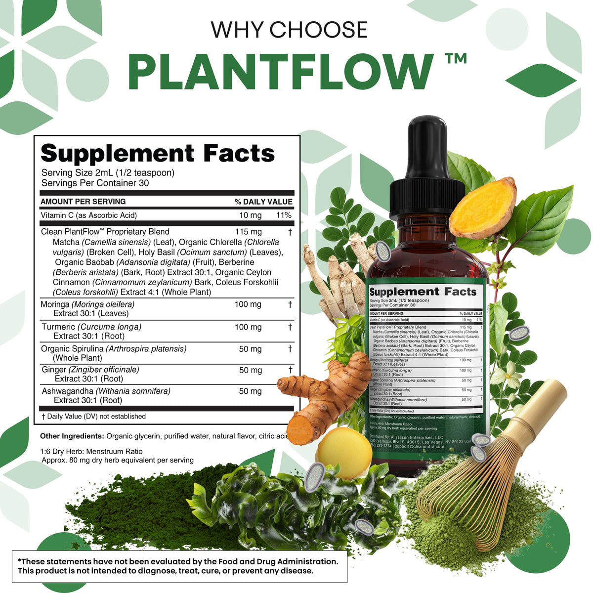 Clean Nutra PlantFlow Gotas Líquidas de Moringa con Ashwagandha y Espirulina