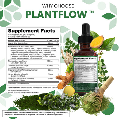 Clean Nutra PlantFlow Gotas Líquidas de Moringa con Ashwagandha y Espirulina