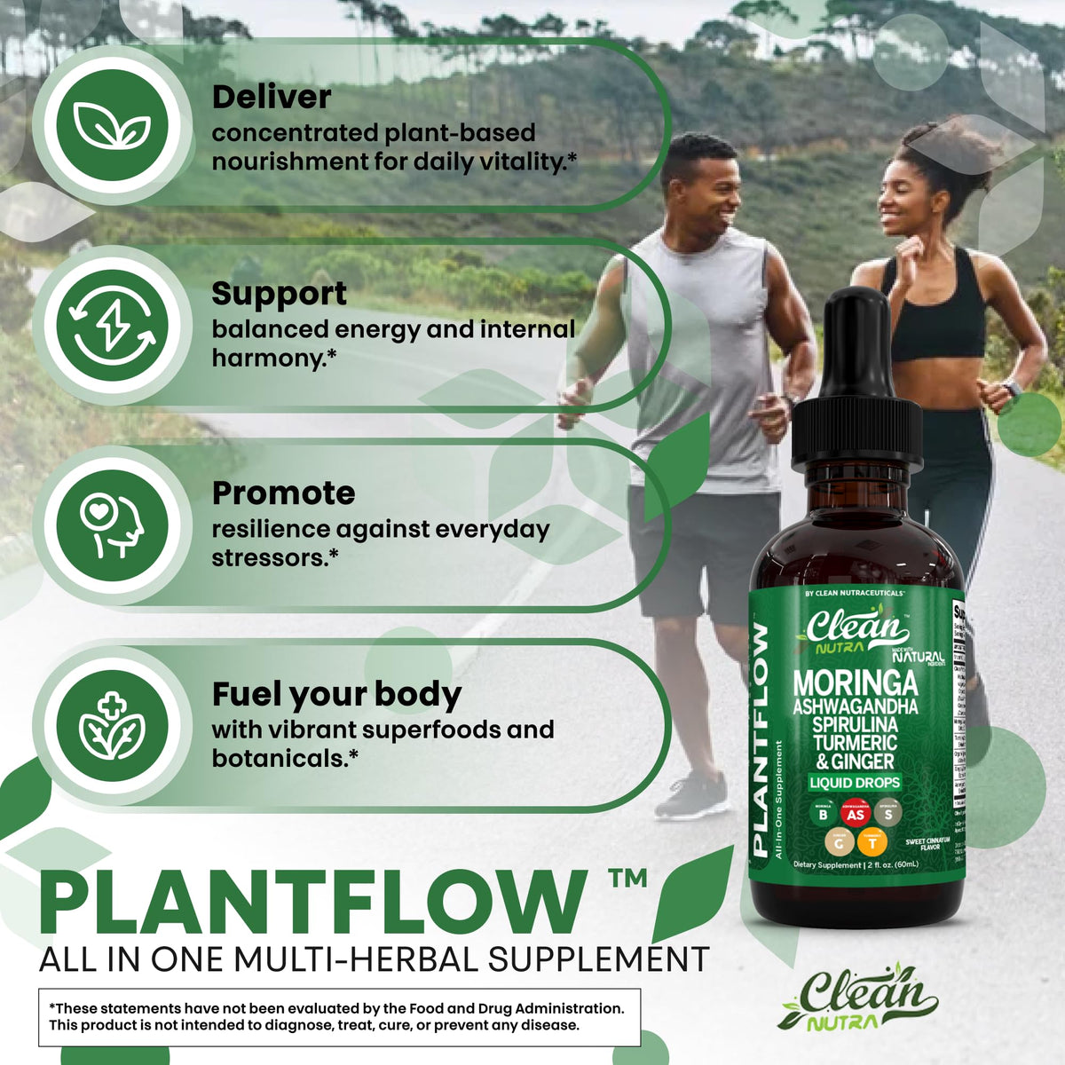 Clean Nutra PlantFlow Gotas Líquidas de Moringa con Ashwagandha y Espirulina