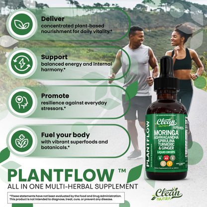 Clean Nutra PlantFlow Gotas Líquidas de Moringa con Ashwagandha y Espirulina