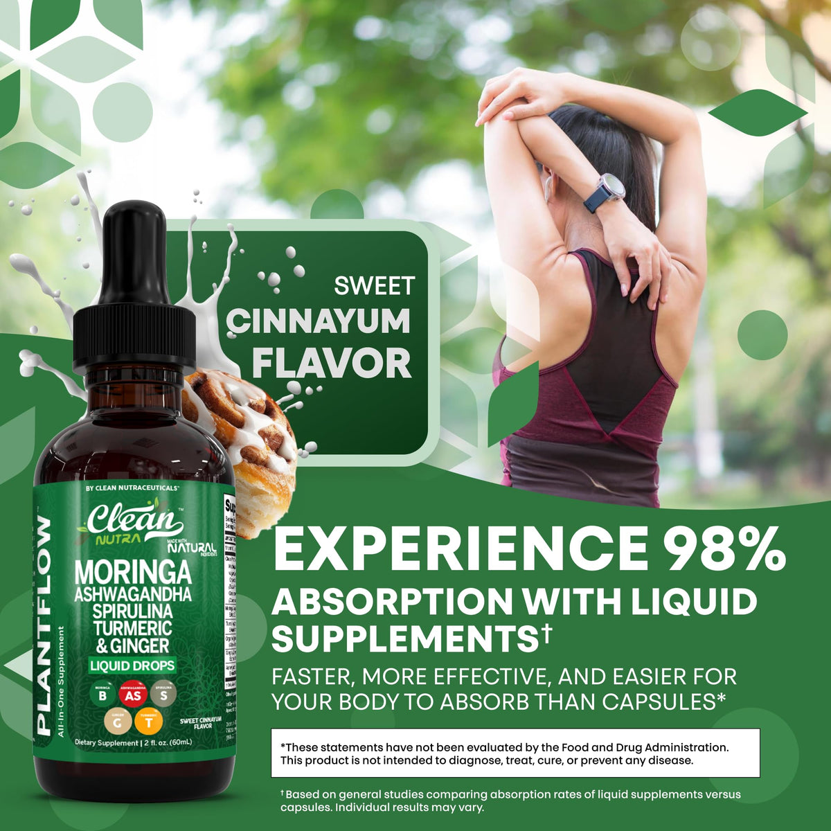 Clean Nutra PlantFlow Gotas Líquidas de Moringa con Ashwagandha y Espirulina
