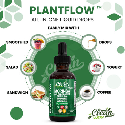 Clean Nutra PlantFlow Gotas Líquidas de Moringa con Ashwagandha y Espirulina
