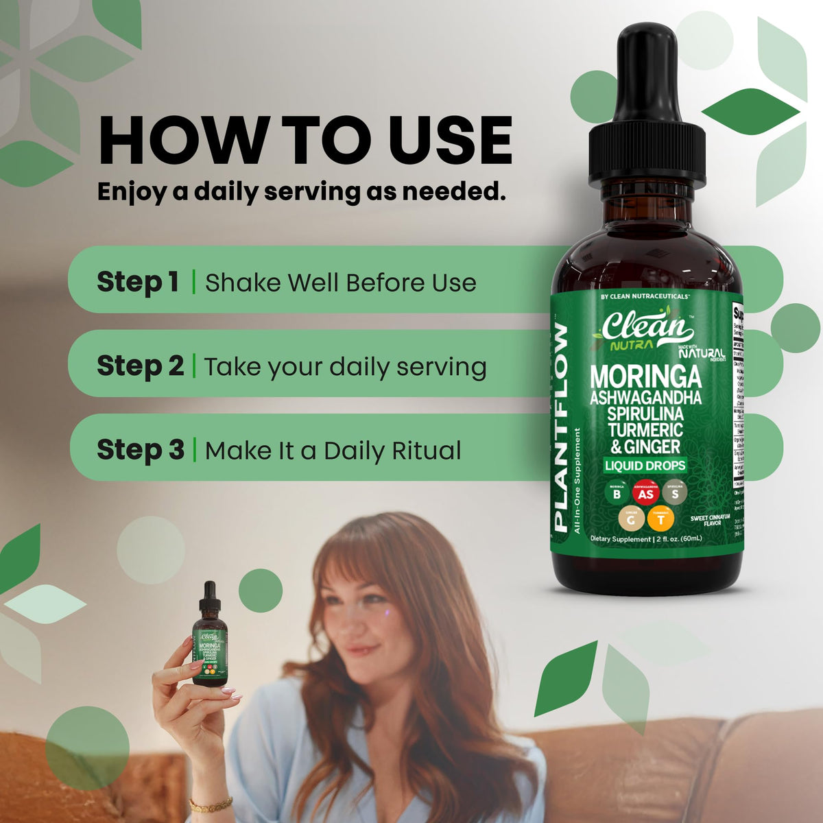 Clean Nutra PlantFlow Gotas Líquidas de Moringa con Ashwagandha y Espirulina