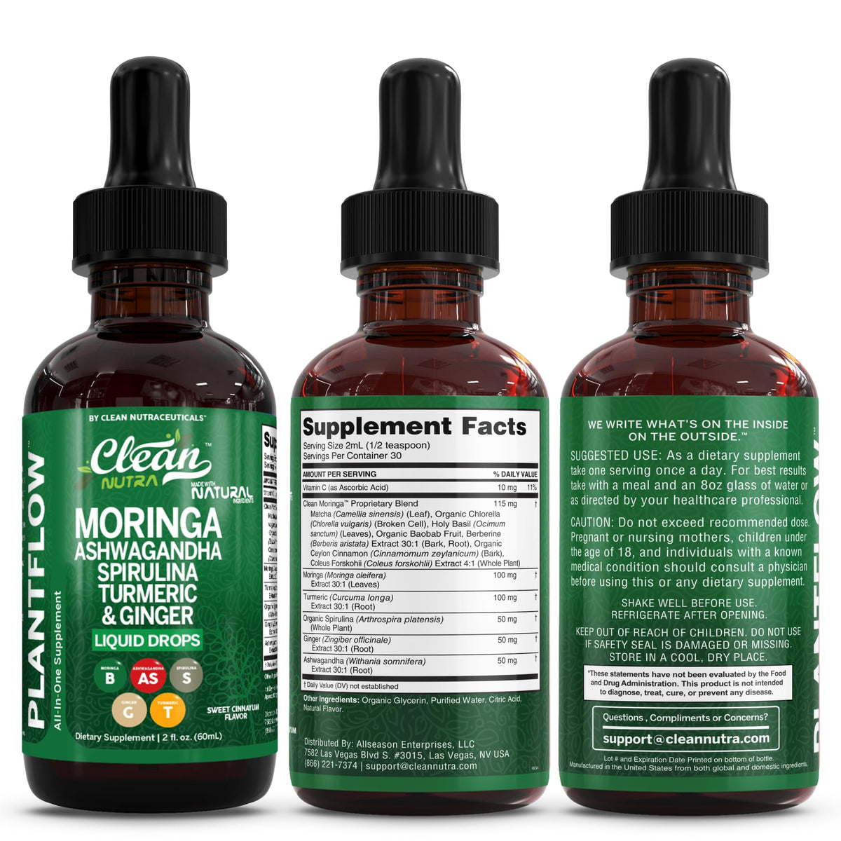 Clean Nutra PlantFlow Gotas Líquidas de Moringa con Ashwagandha y Espirulina