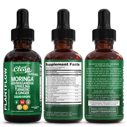 Clean Nutra PlantFlow Gotas Líquidas de Moringa con Ashwagandha y Espirulina