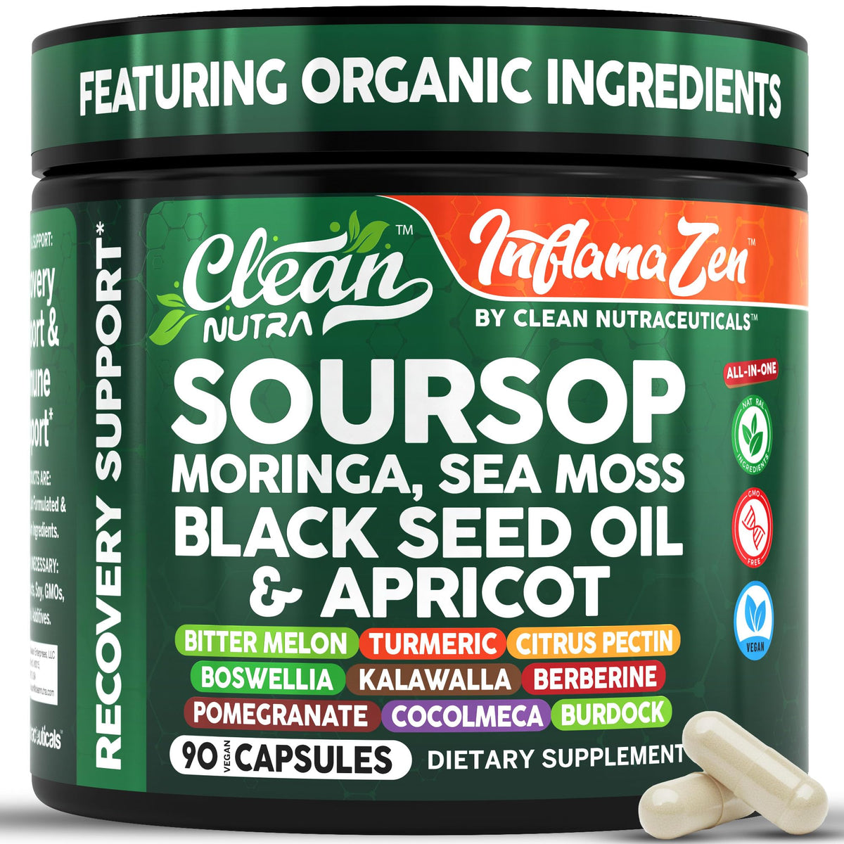 Clean Nutra Suplemento de Guanábana con Moringa, Musgo Marino y Berberina 90 cápsulas