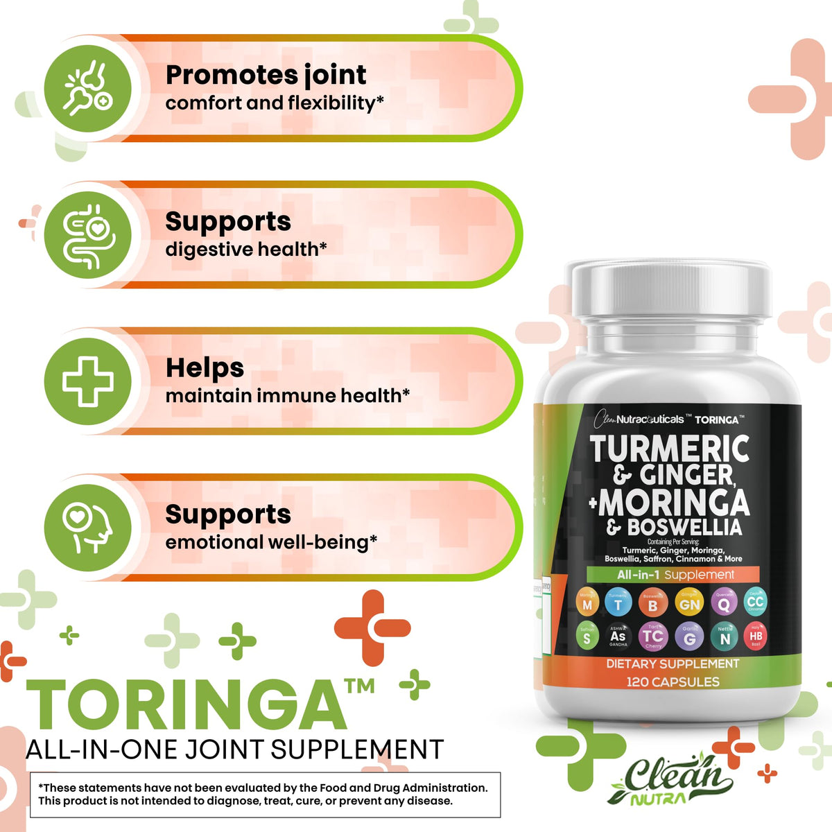 Suplemento Clean Nutra de Cúrcuma y Moringa con Jengibre, Boswellia y Azafrán