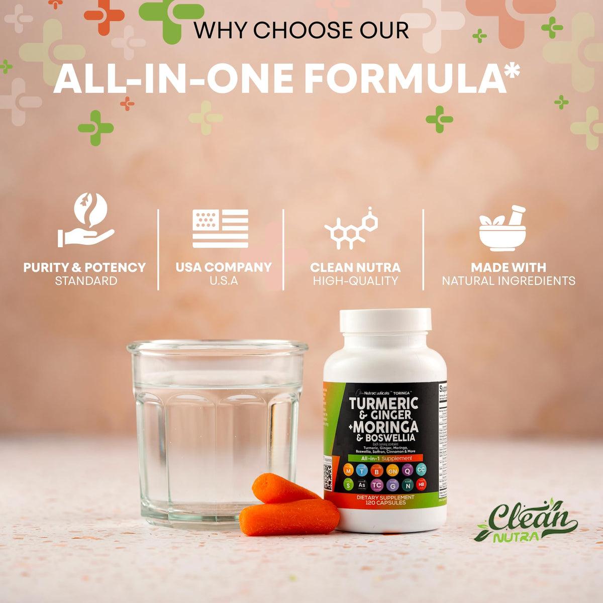 Suplemento Clean Nutra de Cúrcuma y Moringa con Jengibre, Boswellia y Azafrán