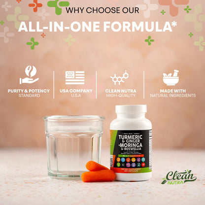 Suplemento Clean Nutra de Cúrcuma y Moringa con Jengibre, Boswellia y Azafrán