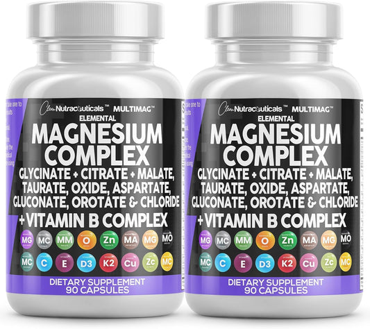 Clean Nutraceuticals MultiMag Complejo de Magnesio - 9 Formas de Magnesio + Vitaminas B (180 Cápsulas, Paquete de 2)