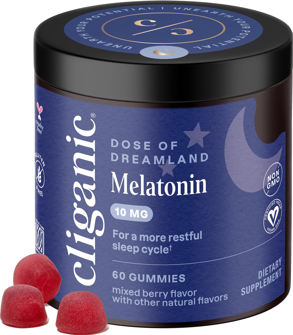 Gomitas de melatonina Cliganic 10 mg — Suministro para 60 días, bayas