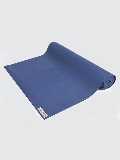 Rolled-up blue yoga mat on a light gray background