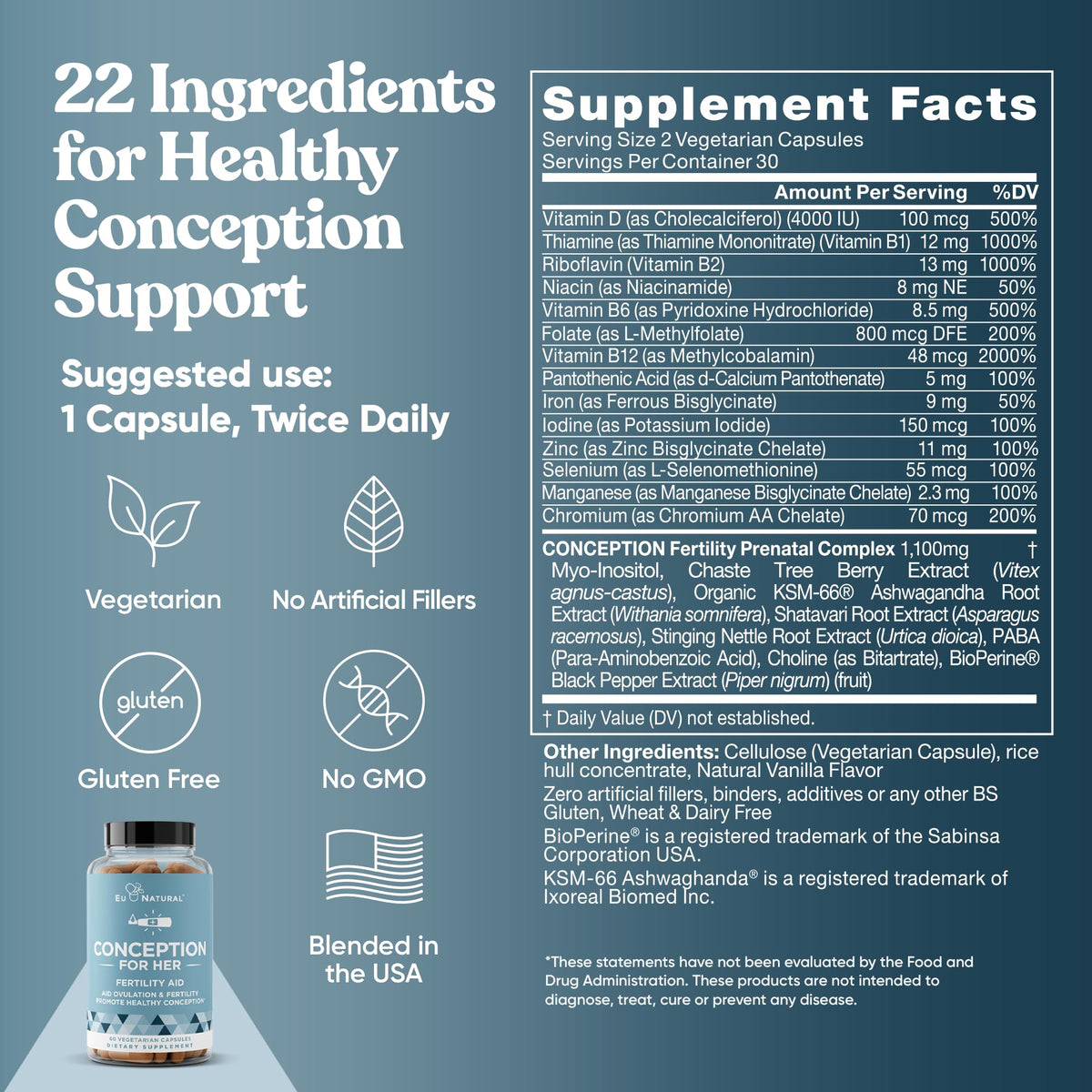 Suplementos de fertilidad Conceptión para mujeres – Apoyo a la ovulación, equilibrio hormonal, ciclos regulares – Vitamina prenatal con mioinositol, folato, vitex