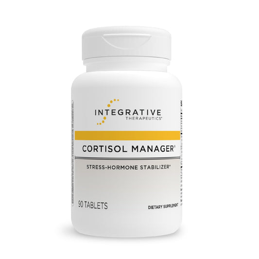 Supplement bottle labeled 'Cortisol Manager' by Integrative Therapeutics on a white background