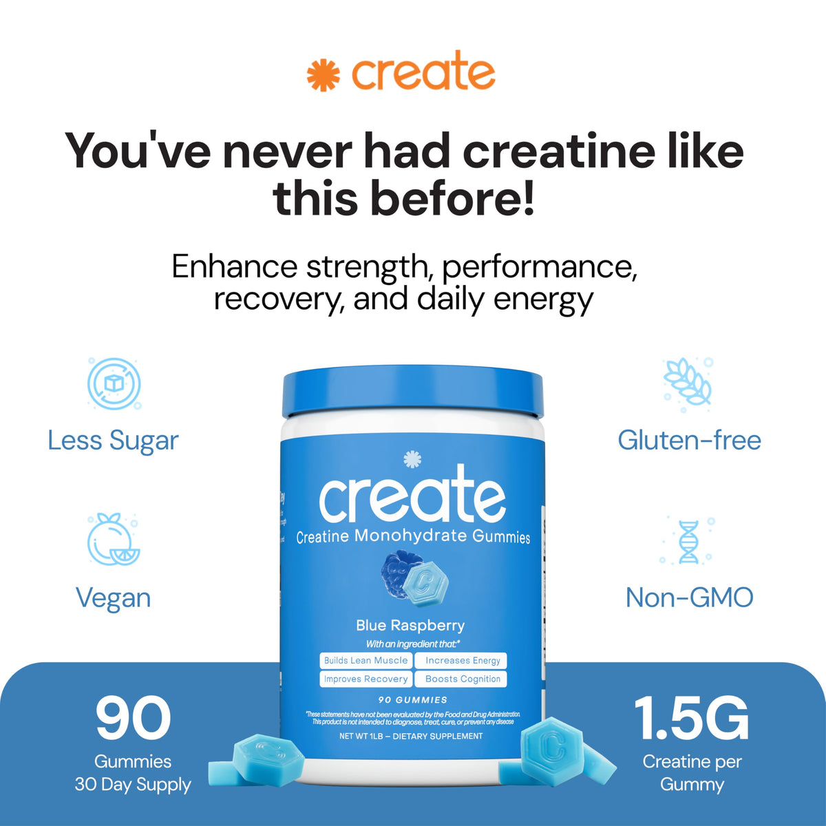 Crea gomitas de monohidrato de creatina | 1,5 g de Creapure por gomita | Sabor naranja | Vegano