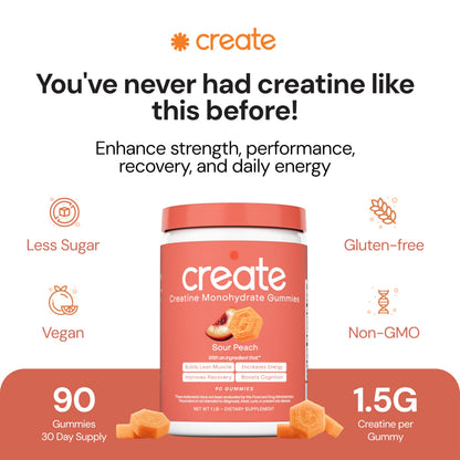 Cree gomitas de monohidrato de creatina | 1,5 g de Creapure por gomita | Melocotón agrio | Vegano