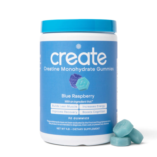 Container of Create Creatine Monohydrate Gummies with blue raspberry flavor on a white background