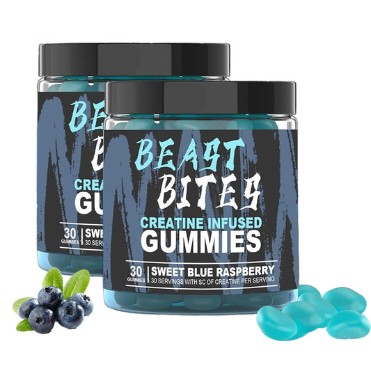 Two jars of Beast Bites Creatine Infused Gummies with blueberries and gummy on a white background