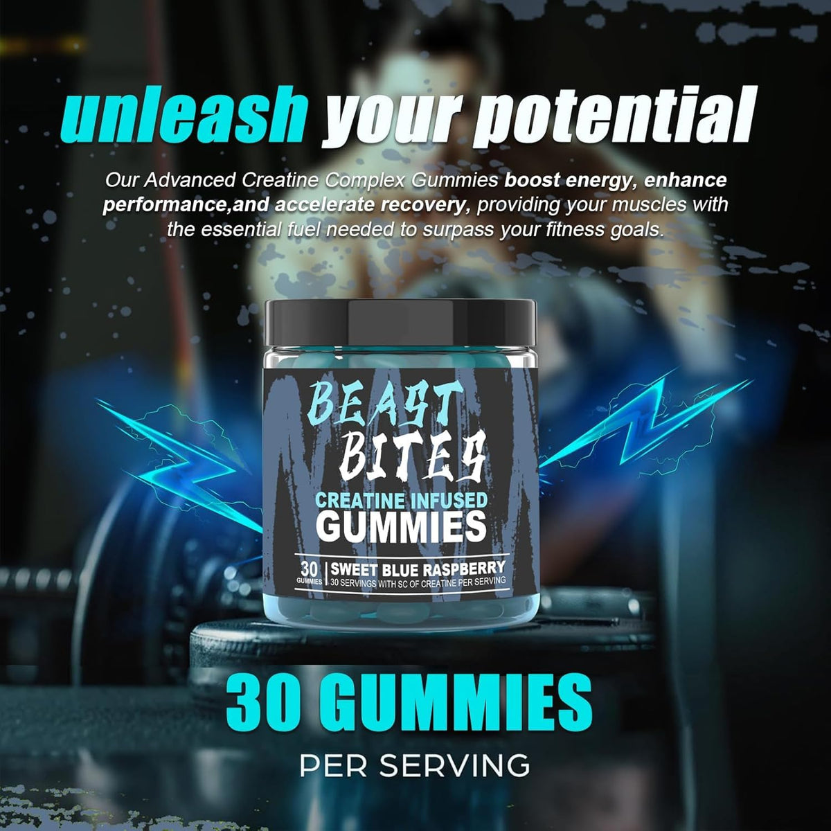 Gominolas de Monohidrato de Creatina 5g – Veganas, Halal y Sin Azúcar | Frambuesa Azul