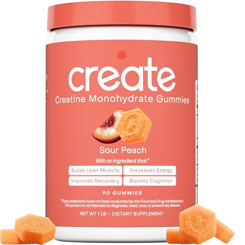 Supplement container labeled 'create' with sour peach flavor gummies on a white background