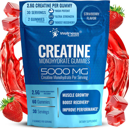 Blue package of Wellness Labs Creatine Monohydrate Gummies with strawberry flavor, surrounded by red gummies and strawberries.