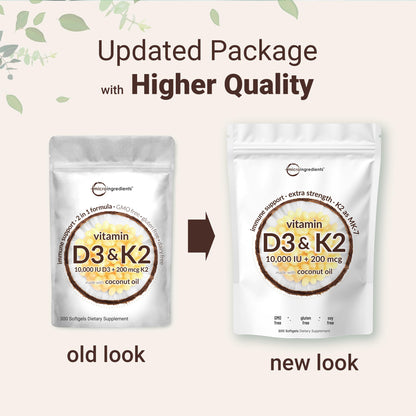 Vitamina D3 10.000 UI + K2 MK-7 200 mcg (2 Paquetes) Cápsulas Blandas | 600 Unidades | Aceite de Coco Virgen