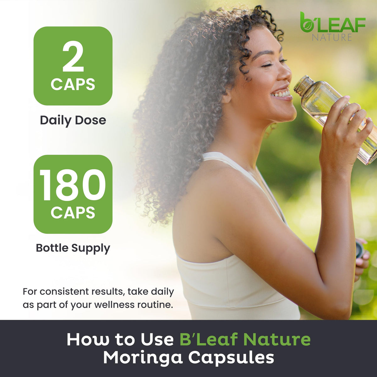 Cápsulas de moringa orgánica B'Leaf Nature 1000 mg | 180 cápsulas veganas sin OMG