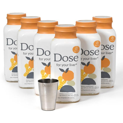 Multiple bottles of 'Dose for your liver' supplement with a metal tumbler on a white background