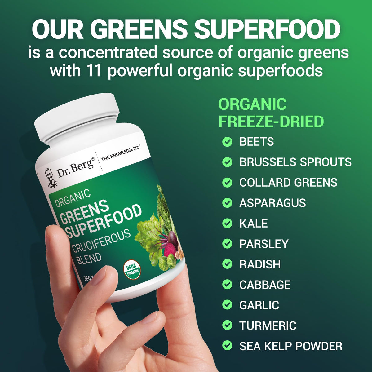 Dr. Berg Nutritionals Tabletas de Súper Alimentos Verdes – 11 Fito-Nutrientes de Vegetales Cruciferos, 250 Tabletas