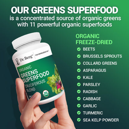 Dr. Berg Nutritionals Tabletas de Súper Alimentos Verdes – 11 Fito-Nutrientes de Vegetales Cruciferos, 250 Tabletas