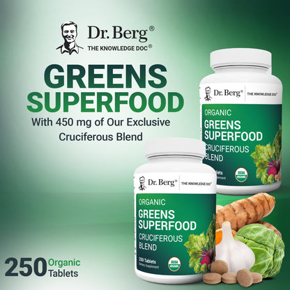 Dr. Berg Nutritionals Tabletas de Súper Alimentos Verdes – 11 Fito-Nutrientes de Vegetales Cruciferos, 250 Tabletas