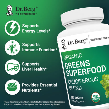Dr. Berg Nutritionals Tabletas de Súper Alimentos Verdes – 11 Fito-Nutrientes de Vegetales Cruciferos, 250 Tabletas