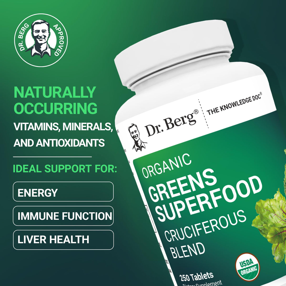 Dr. Berg Nutritionals Tabletas de Súper Alimentos Verdes – 11 Fito-Nutrientes de Vegetales Cruciferos, 250 Tabletas
