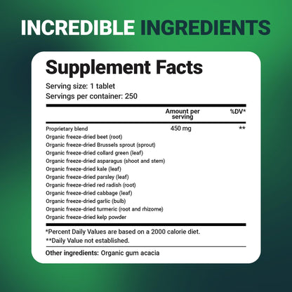 Dr. Berg Nutritionals Tabletas de Súper Alimentos Verdes – 11 Fito-Nutrientes de Vegetales Cruciferos, 250 Tabletas
