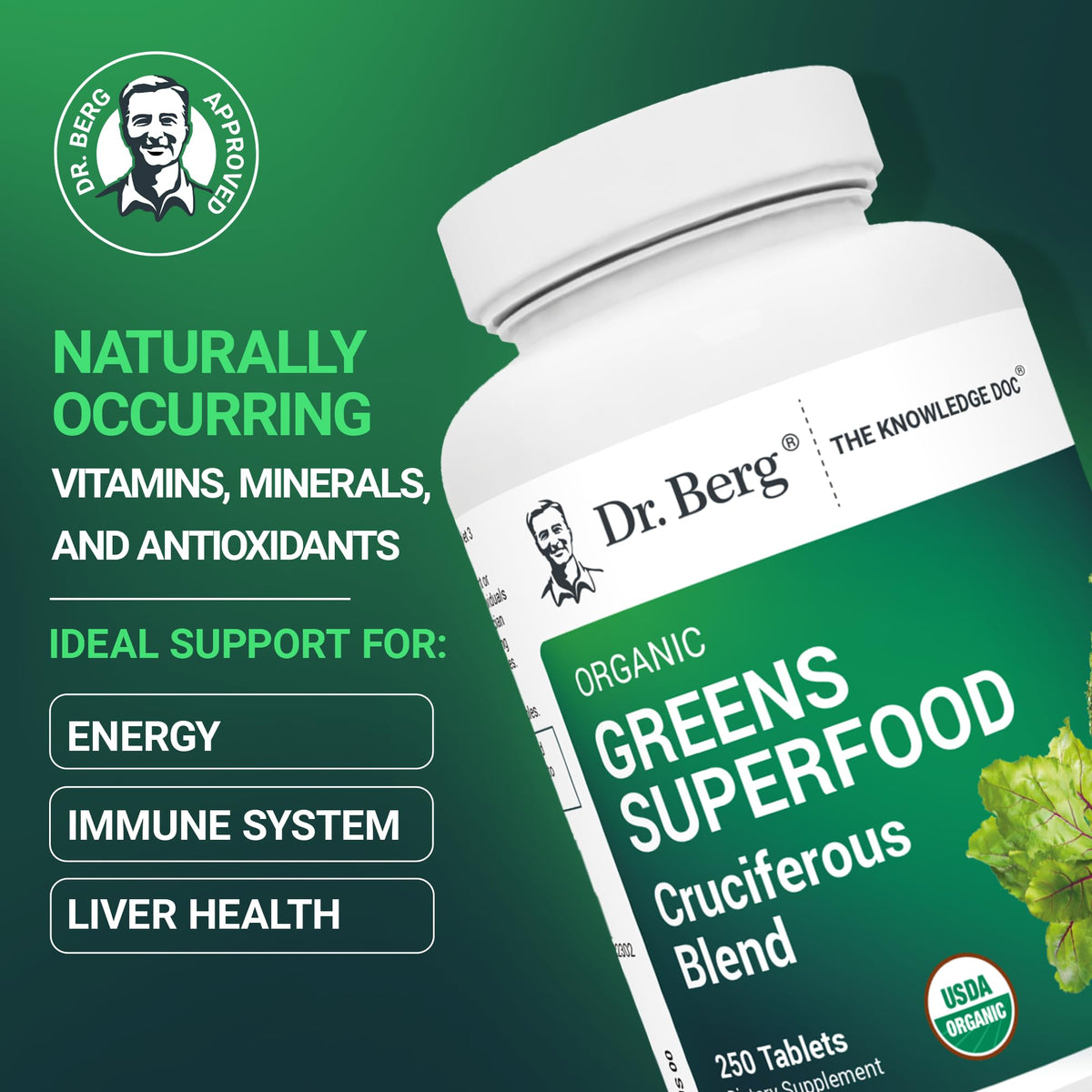 Dr. Berg Nutritionals Tabletas de Súper Alimentos Verdes – 11 Fito-Nutrientes de Vegetales Cruciferos, 250 Tabletas