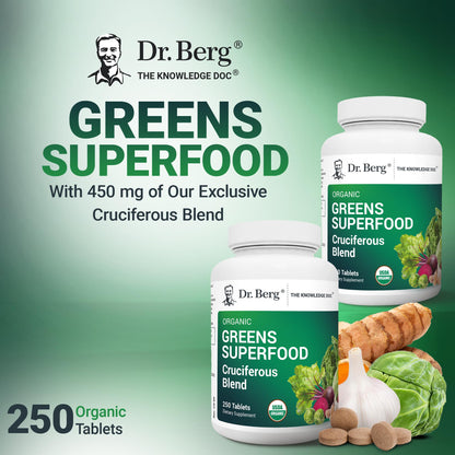 Dr. Berg Nutritionals Tabletas de Súper Alimentos Verdes – 11 Fito-Nutrientes de Vegetales Cruciferos, 250 Tabletas